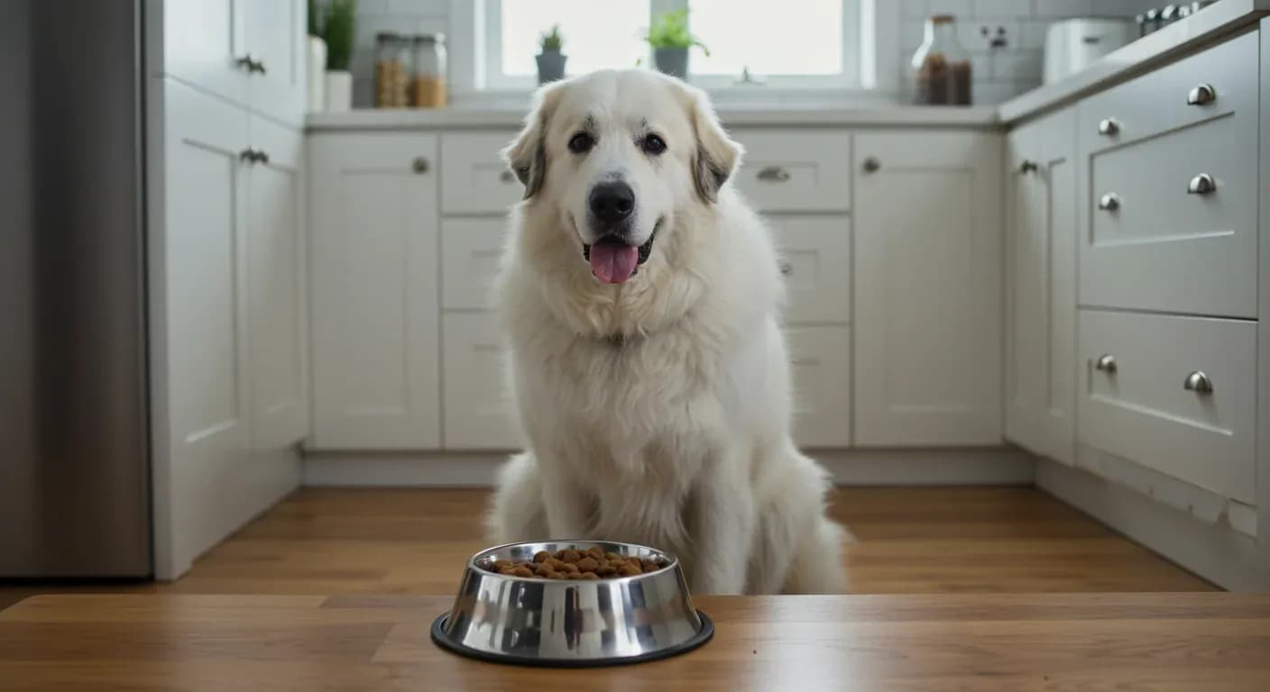 A beautiful white Great Pyrenees dog sitting next to a food bowl, representing the article's focus on proper nutrition for this large breed