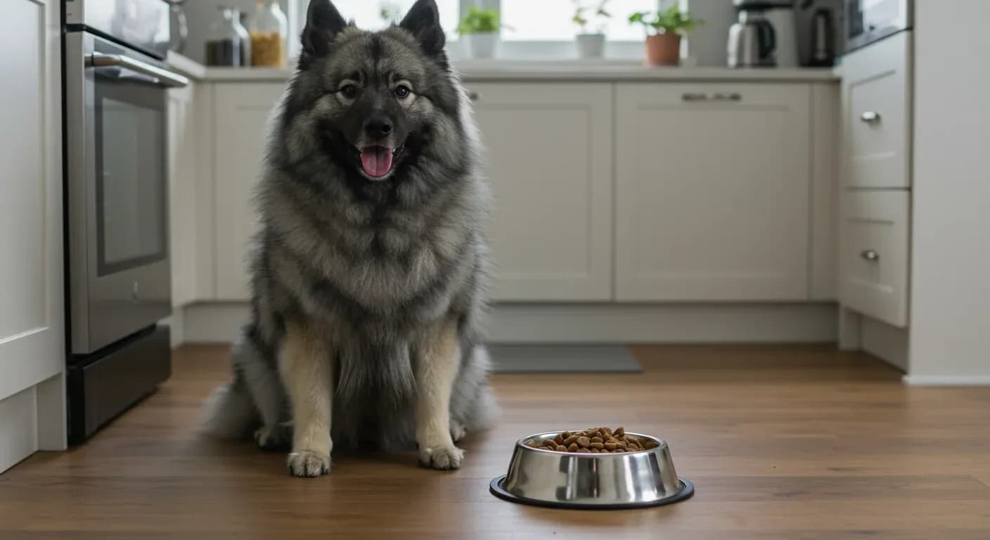 A Keeshond dog with thick double coat sitting next to a food bowl in a modern kitchen, illustrating the breed's nutritional needs and beautiful coat that requires proper nutrition