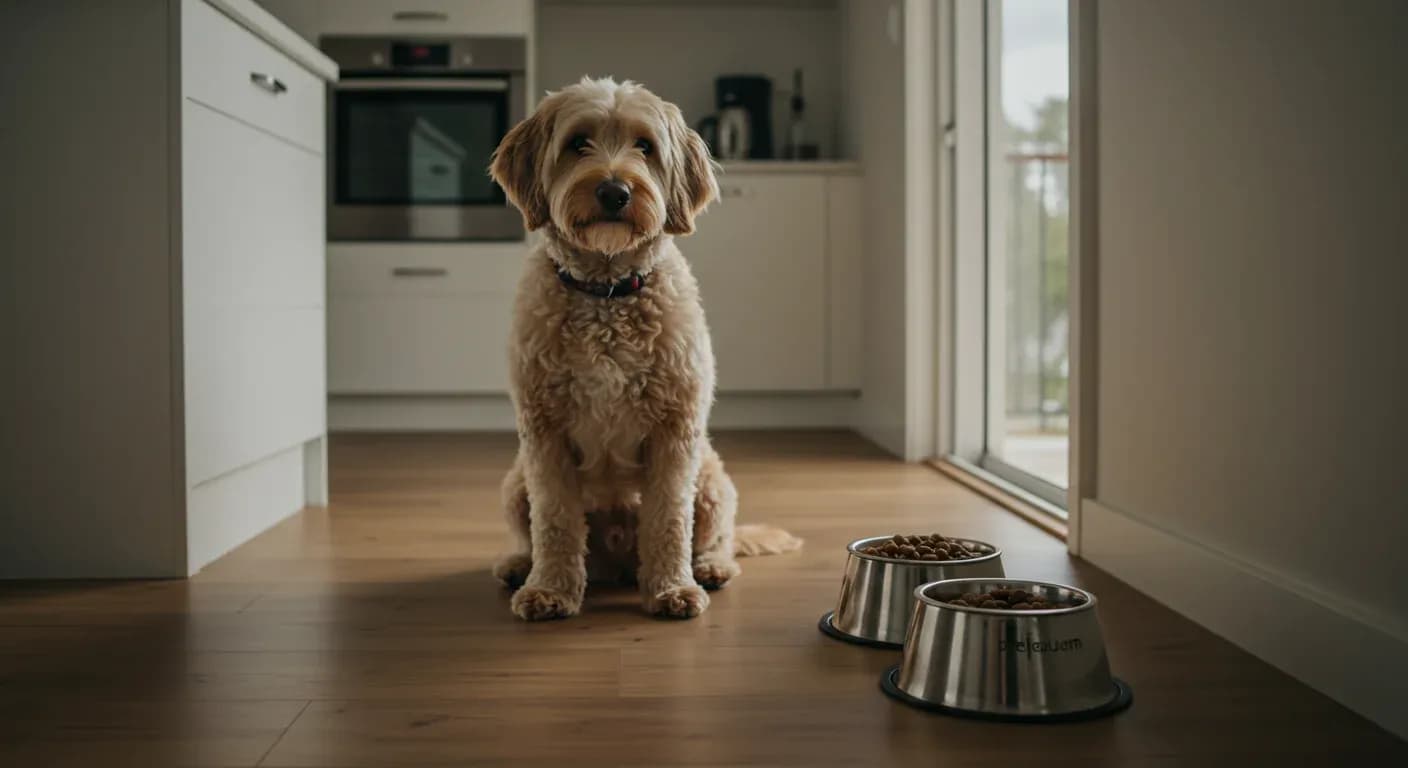 A cream Labradoodle sitting beside food bowls in a modern kitchen, representing the article's focus on proper nutrition and feeding for this breed