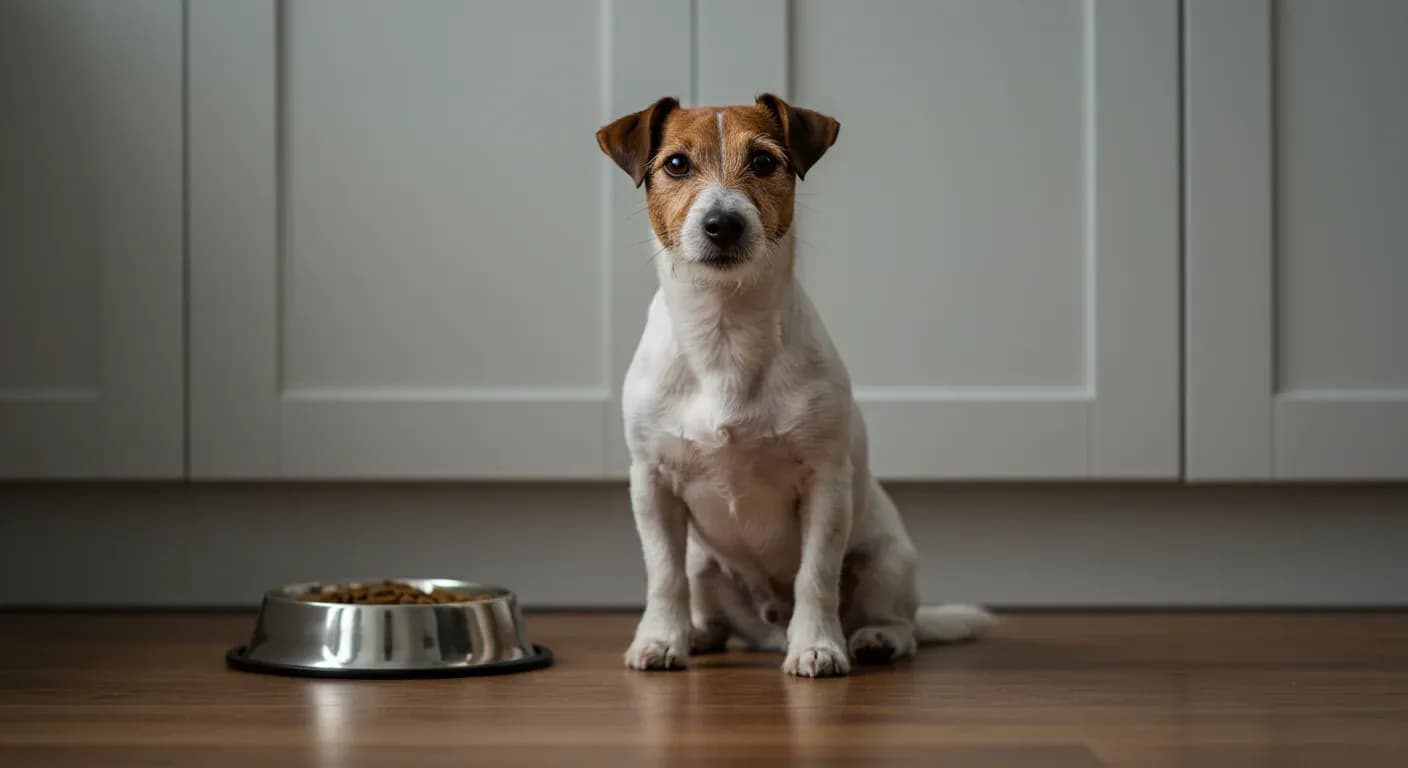 Alert Jack Russell Terrier sitting next to a food bowl in a modern kitchen, demonstrating the breed's compact size and energetic nature relevant to their specific nutritional needs