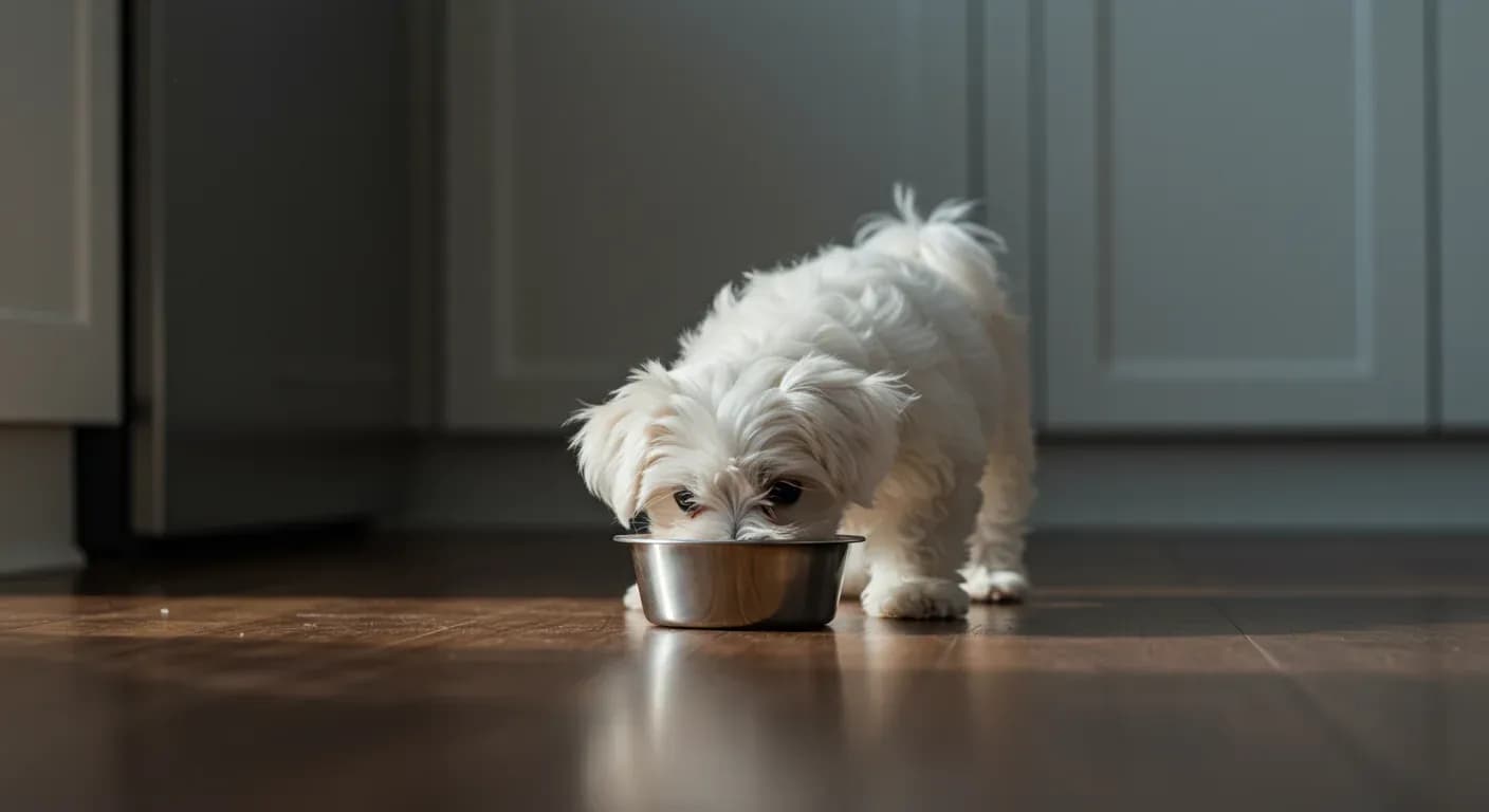 White Maltese puppy eating from a food bowl in a kitchen, illustrating proper feeding practices for small breed puppies