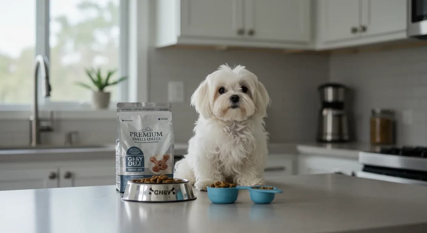 White Maltese dog sitting at kitchen counter with small-breed dog food, illustrating proper nutrition and feeding for toy breed dogs