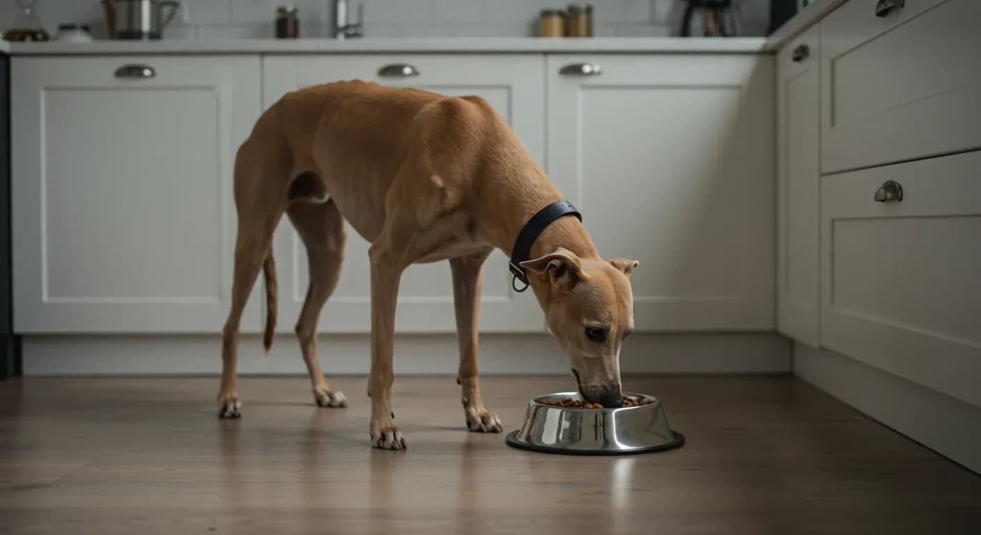 A Greyhound eating from a food bowl in a modern kitchen, demonstrating proper feeding practices for this lean, elegant breed