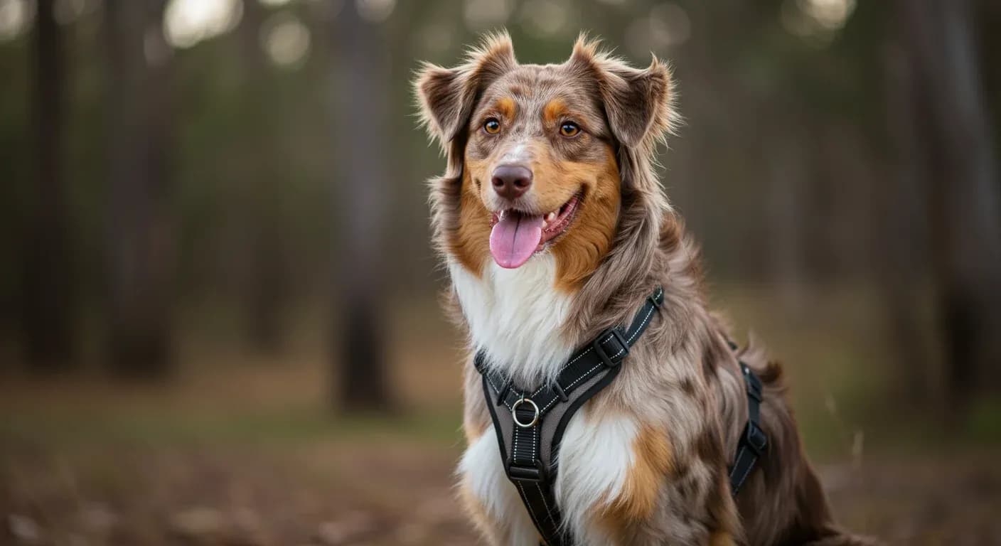 Australian Shepherd wearing a properly fitted harness in an outdoor setting, demonstrating the key features discussed in the harness buying guide