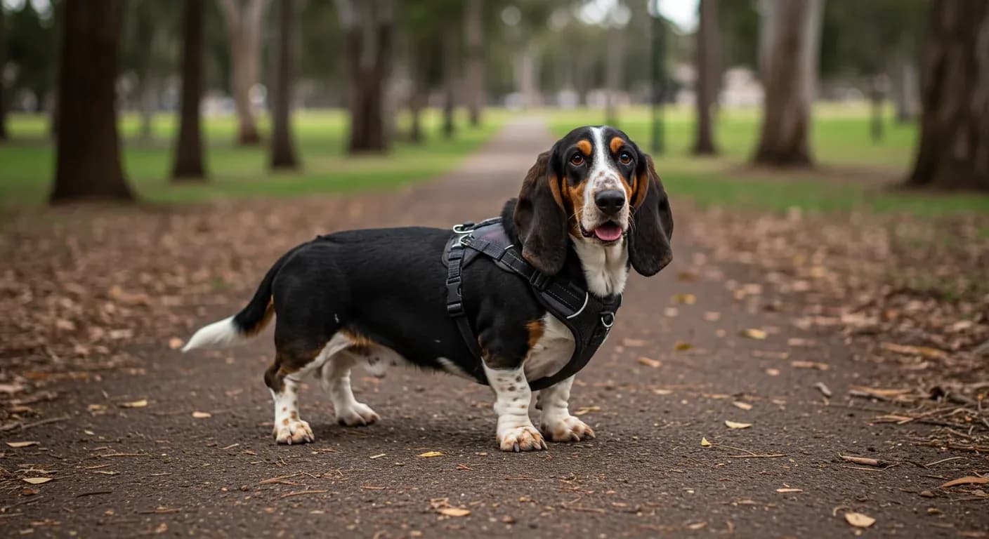 A Basset Hound wearing a properly fitted harness standing centered on a park path, demonstrating the importance of proper harness selection for this breed's unique body shape