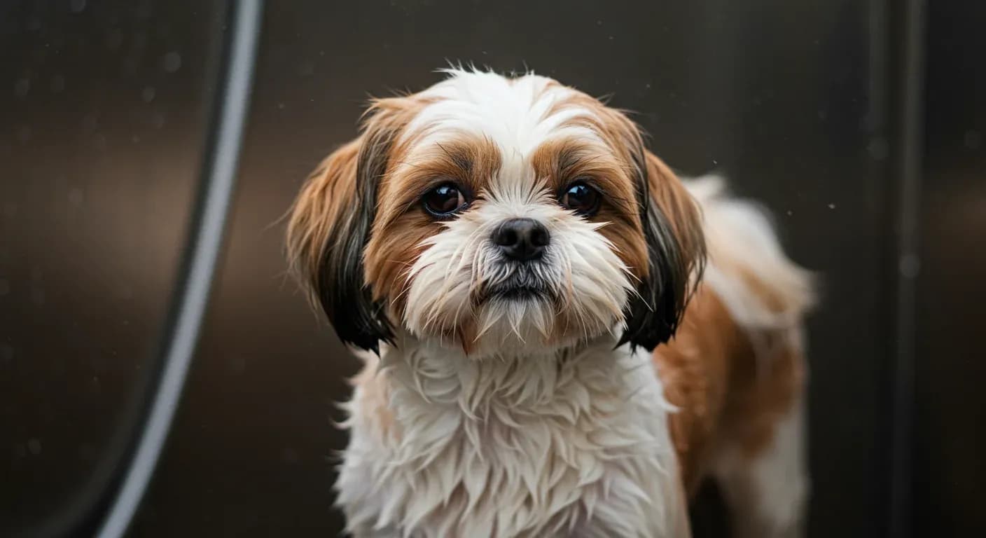 A well-groomed Shih Tzu being gently bathed, showcasing the breed's beautiful double coat that requires specialized shampoo care