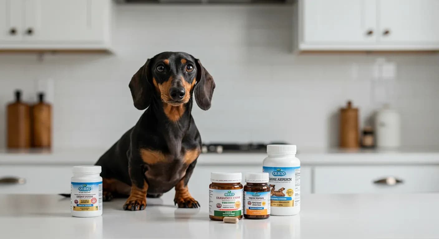 A Dachshund sitting centered among various dog supplement bottles, representing the article's focus on choosing the right supplements for this breed's unique health needs