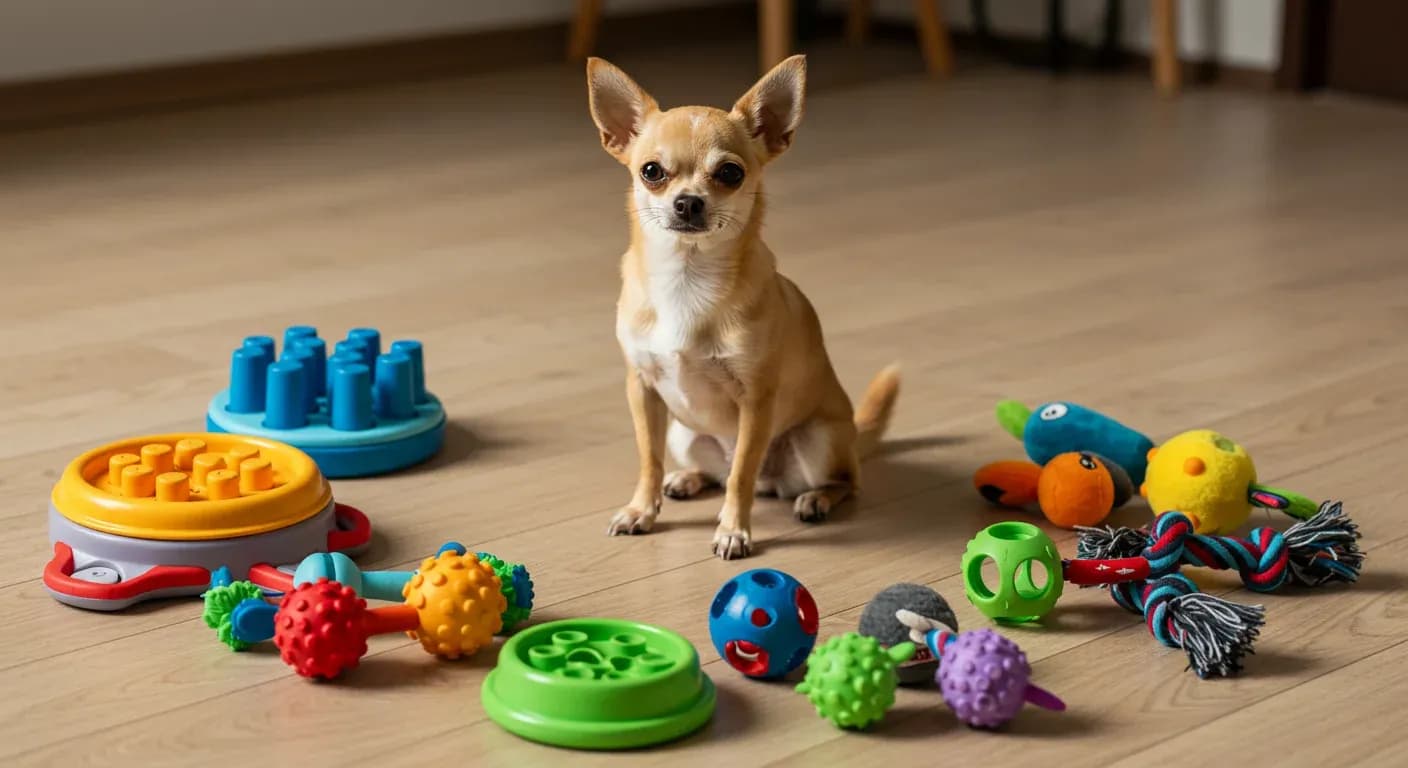 A Chihuahua sitting among various mental stimulation toys including puzzles and treat dispensers, demonstrating the variety of enrichment options available for small dogs