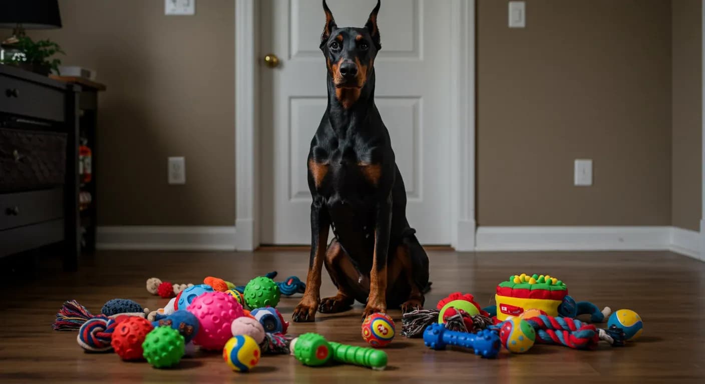 A Doberman Pinscher sitting among various dog toys including balls, puzzle toys, and chew toys, demonstrating the variety of entertainment options discussed in the article