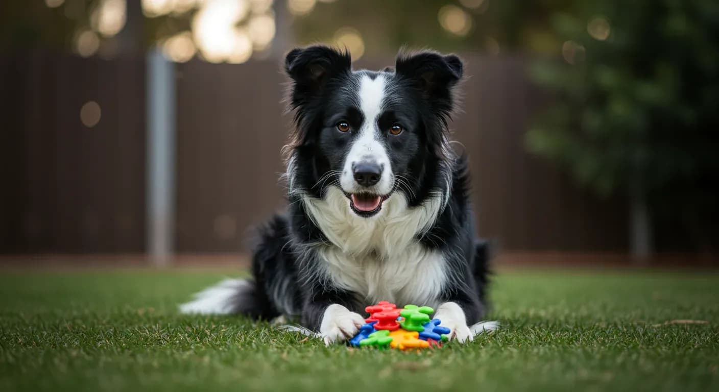 Border Collie concentrating on a puzzle toy, demonstrating the mental stimulation activities discussed in the article