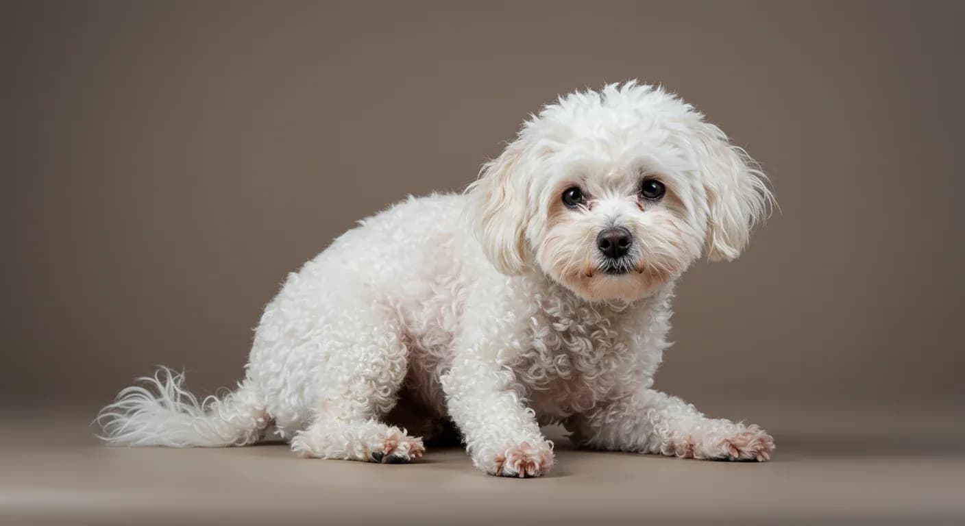A white Bichon Frise dog scratching behind its ear, demonstrating the scratching behavior commonly associated with allergies in this breed