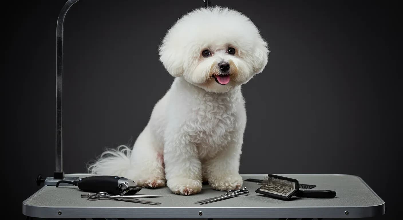 A beautifully groomed white Bichon Frise sitting centered on a grooming table surrounded by professional grooming tools, demonstrating the article's focus on proper Bichon grooming techniques and equipment