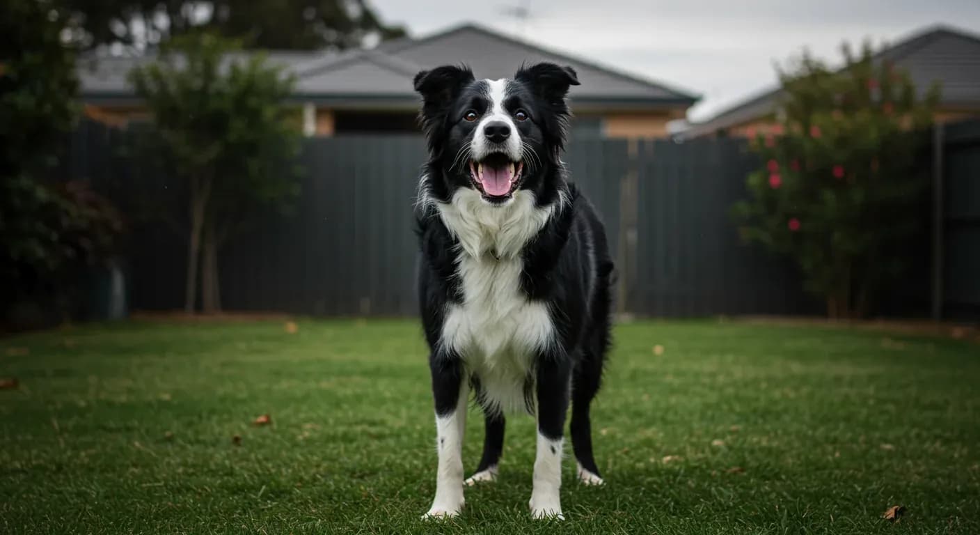 Black and white Border Collie barking in a backyard, demonstrating the vocal behavior discussed in the article about managing Border Collie barking