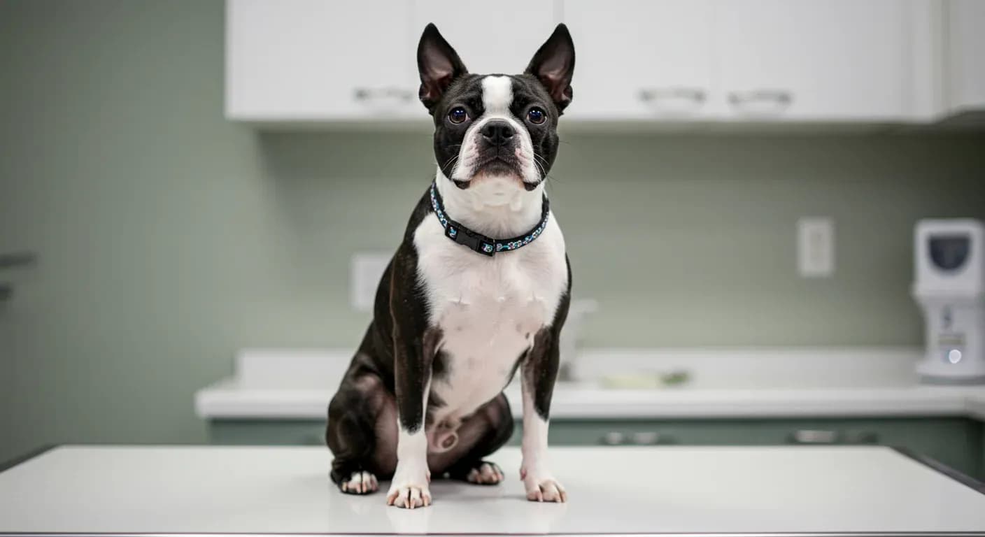 A Boston Terrier sitting on a veterinary examination table, representing the focus on Boston Terrier health and allergy management discussed in the article