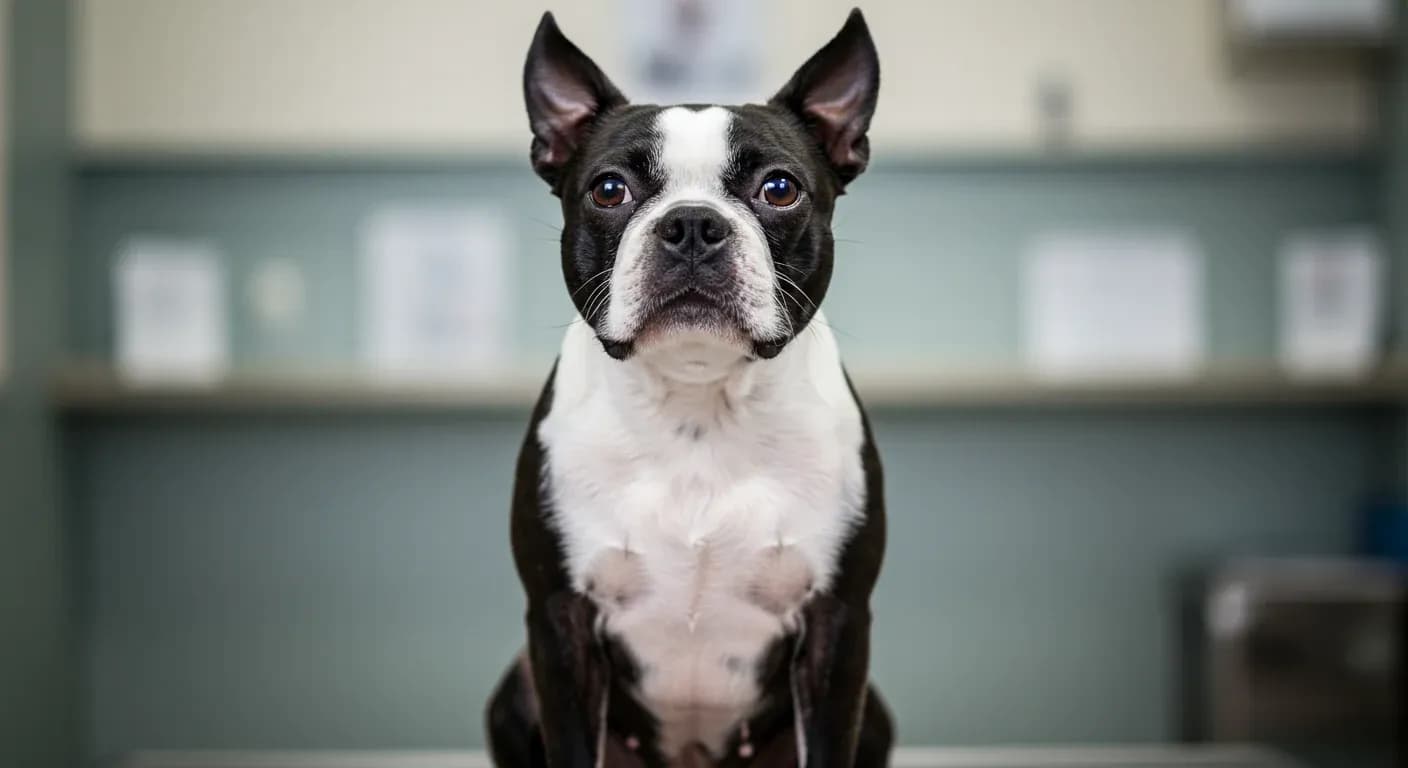 A Boston Terrier with black and white markings sitting in a veterinary clinic setting, representing the importance of proactive health management for this breed