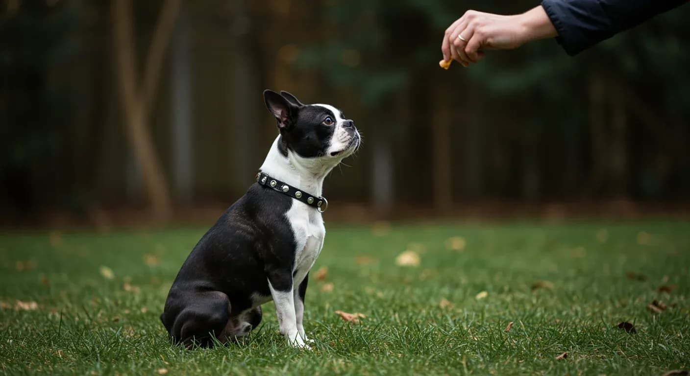 Boston Terrier sitting attentively during training session with owner offering treat, demonstrating positive reinforcement training techniques