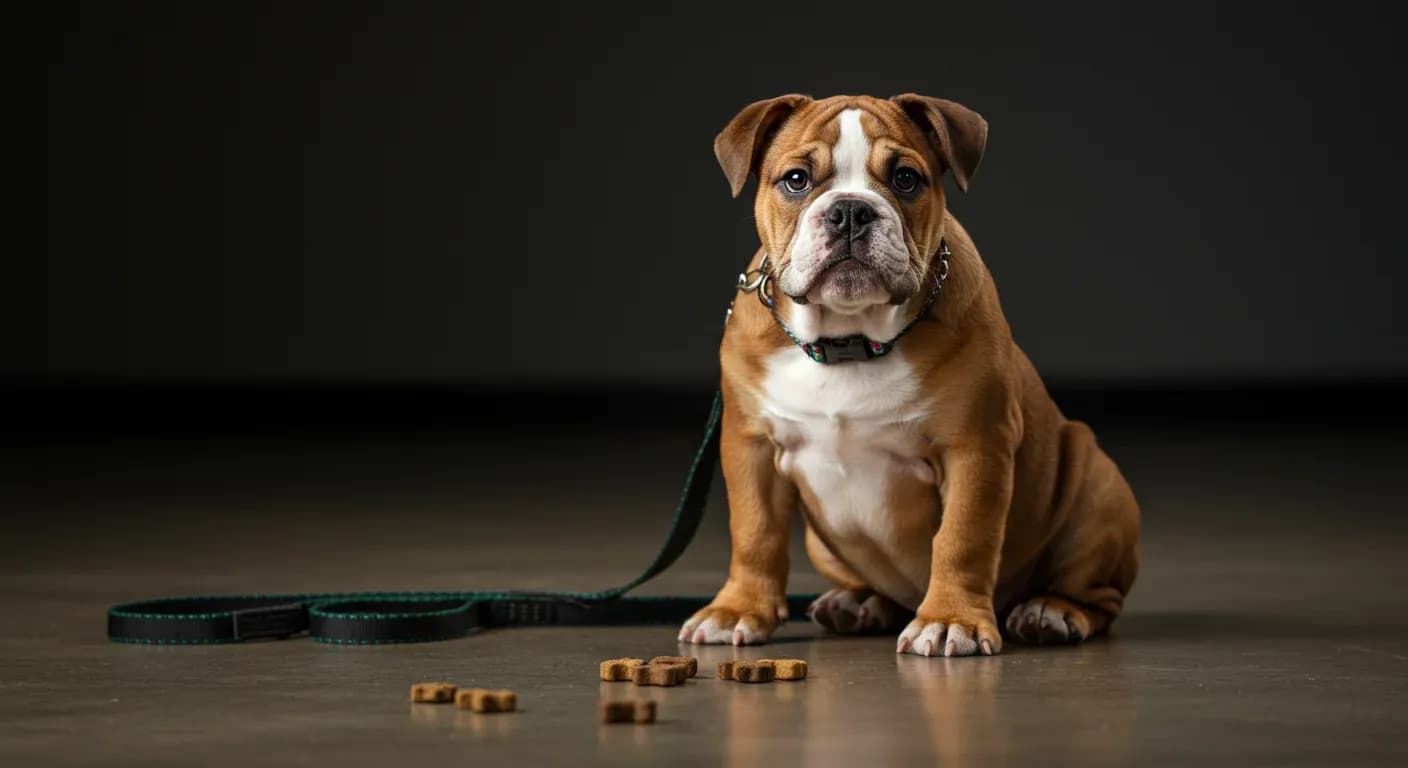 English Bulldog puppy sitting attentively during house training session with leash and treats nearby, illustrating the patience and positive reinforcement approach needed for bulldog potty training