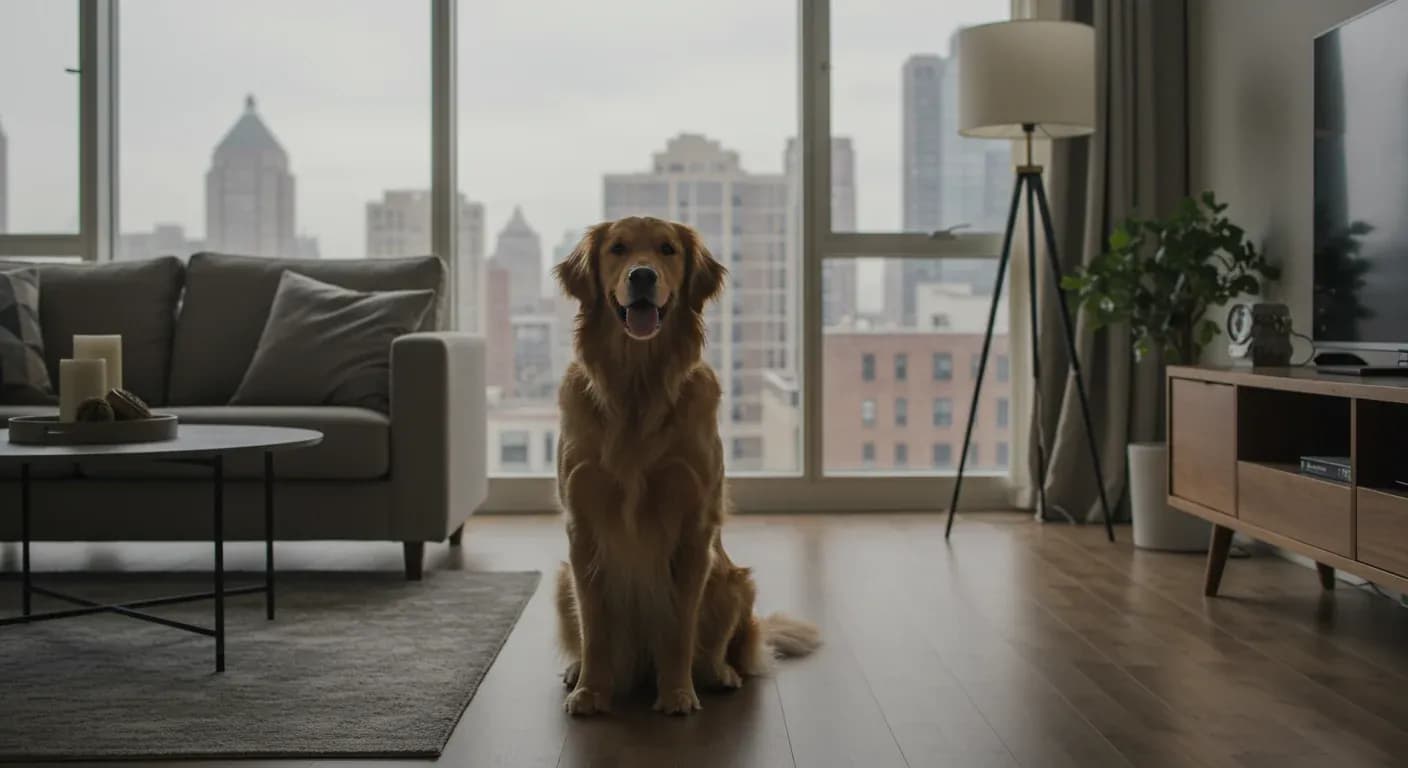Golden Retriever sitting peacefully in a modern apartment living room with city views, illustrating how these dogs can adapt to apartment living