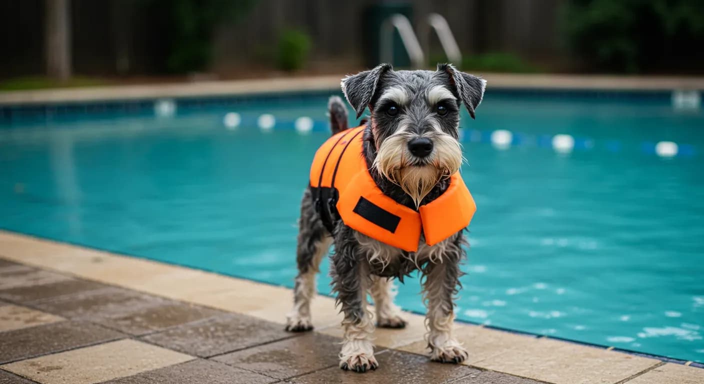 Mini Schnauzer wearing an orange life jacket standing at pool edge, demonstrating safe swimming preparation and equipment