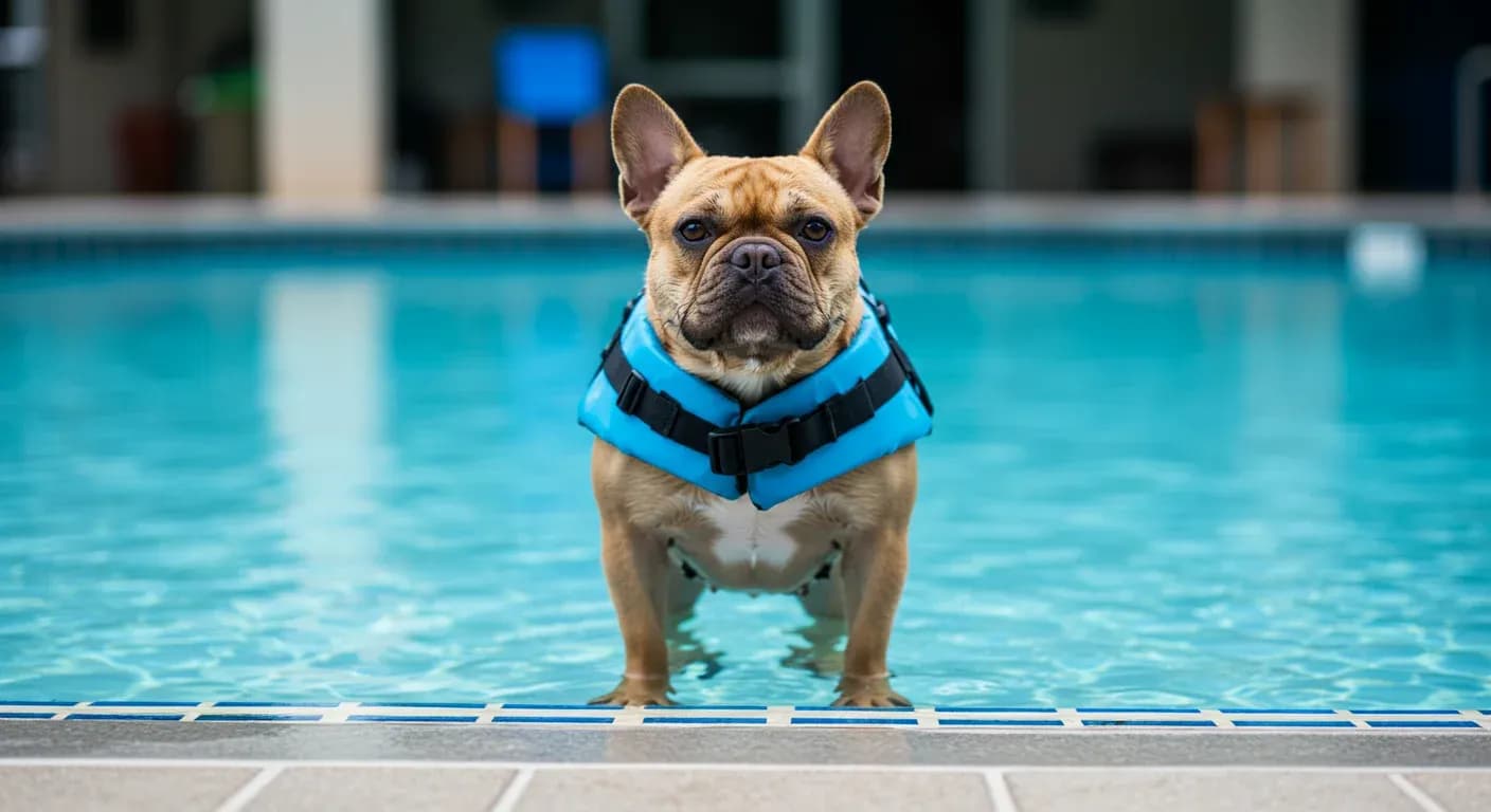 French Bulldog wearing a life jacket standing by a swimming pool, illustrating the safety equipment needed for water activities due to their swimming limitations