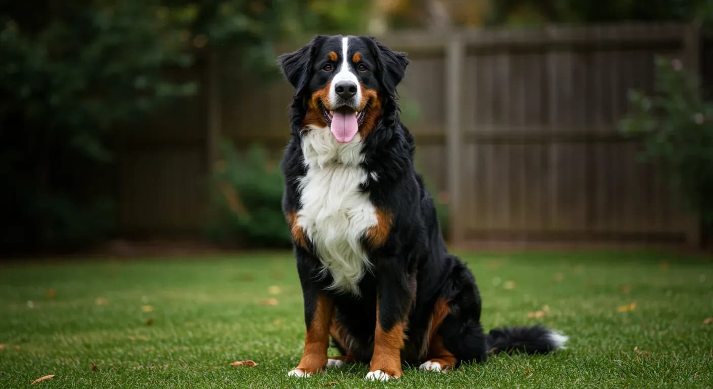A beautiful Bernese Mountain Dog sitting centered in frame on grass, representing the breed discussed in this hip dysplasia care article