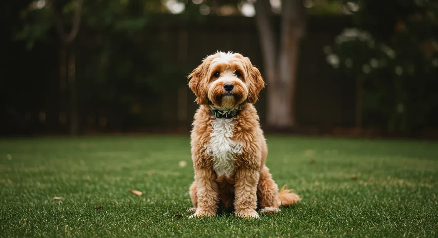 A healthy Cavoodle sitting centered in an Australian backyard, representing the breed discussed in this hip dysplasia health article