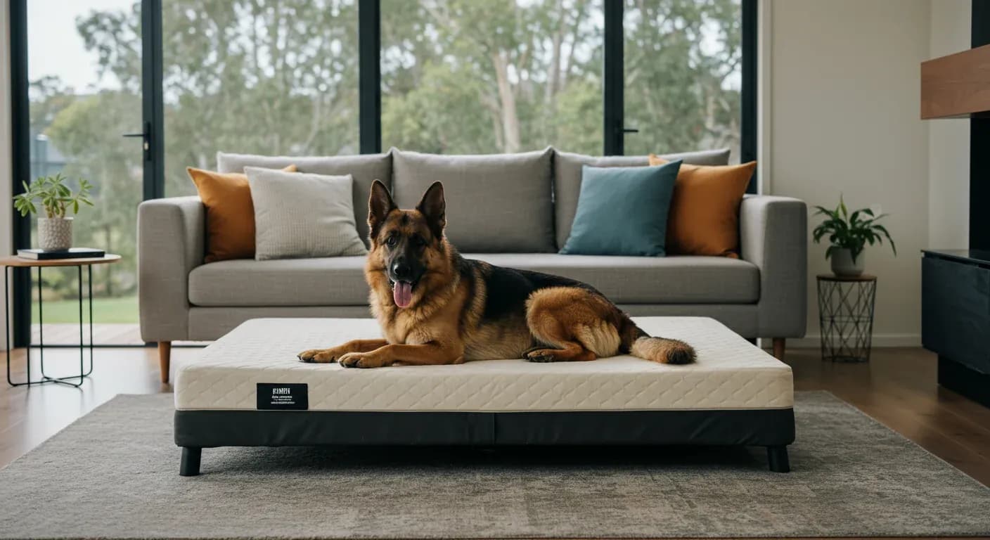 German Shepherd resting peacefully on an orthopedic dog bed, demonstrating proper bedding support for large breed joint health