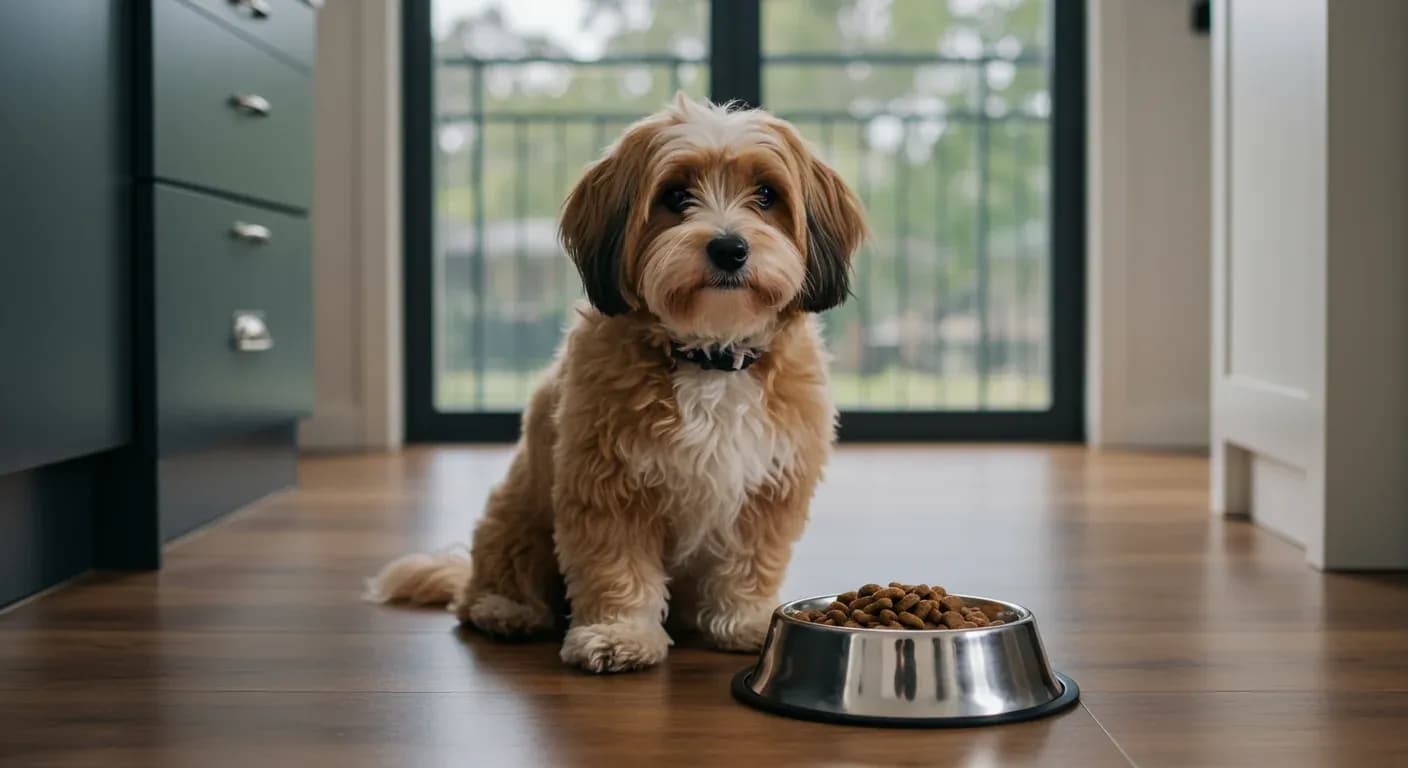 A Havanese dog with long silky coat sitting next to a food bowl in a modern kitchen, illustrating proper nutrition for this small breed