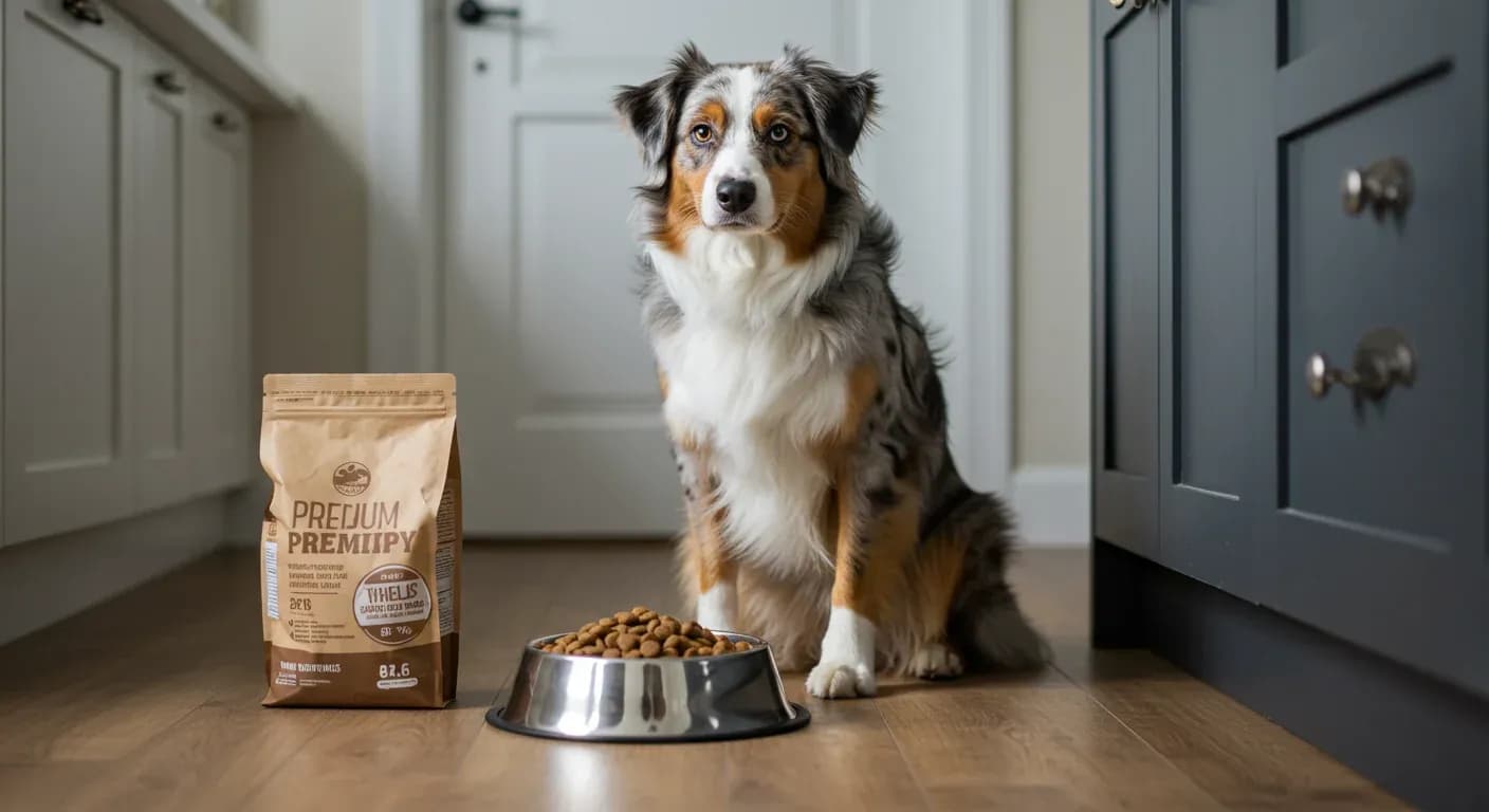 Australian Shepherd dog sitting next to a food bowl filled with kibble, representing proper nutrition for the breed