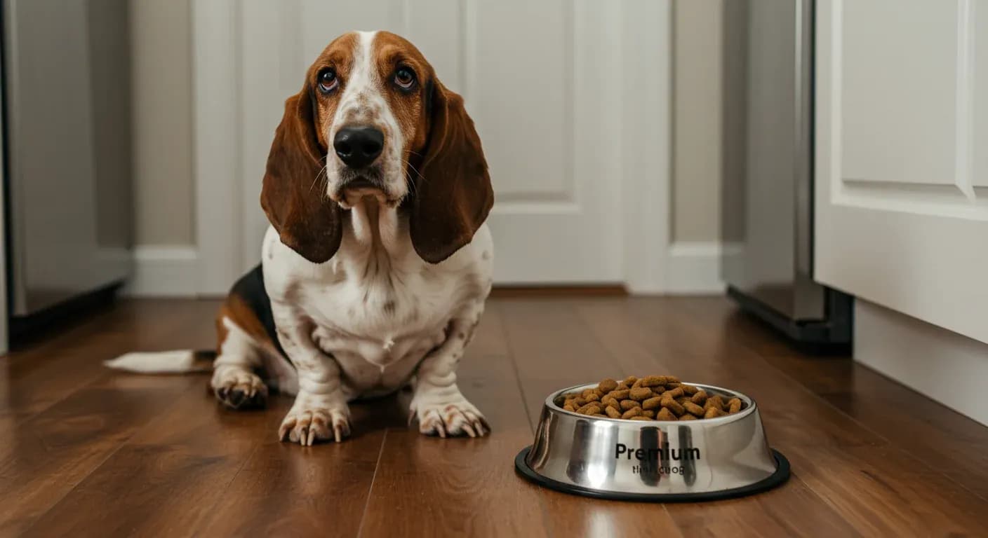 A Basset Hound sitting next to a food bowl in a kitchen, representing proper nutrition and feeding practices for the breed