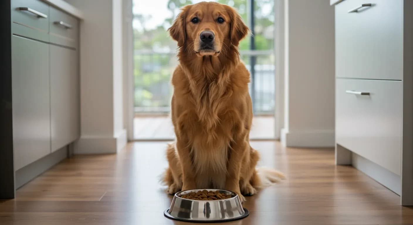Golden Retriever sitting behind a food bowl filled with kibble in a bright kitchen, representing the importance of choosing quality nutrition for the breed