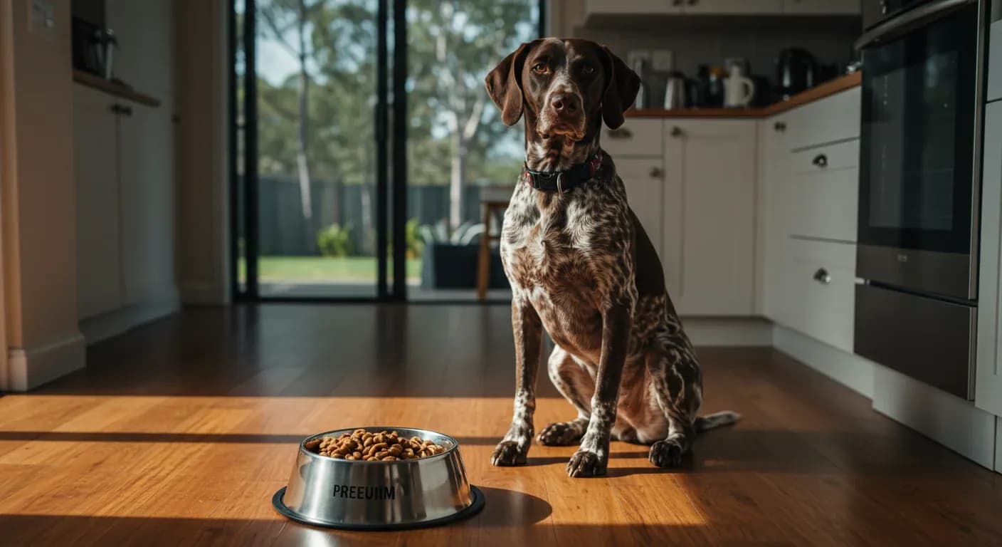 German Shorthaired Pointer sitting beside a food bowl in a kitchen, illustrating the article's focus on proper nutrition for this athletic breed