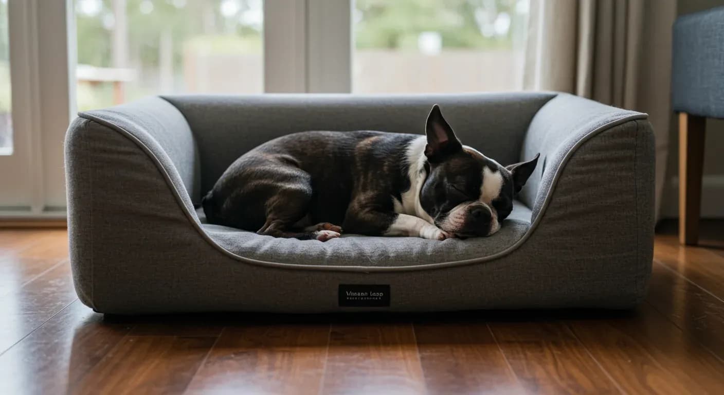 Boston Terrier sleeping comfortably in a supportive dog bed, demonstrating the importance of choosing the right bed for this breed's sleep needs and comfort