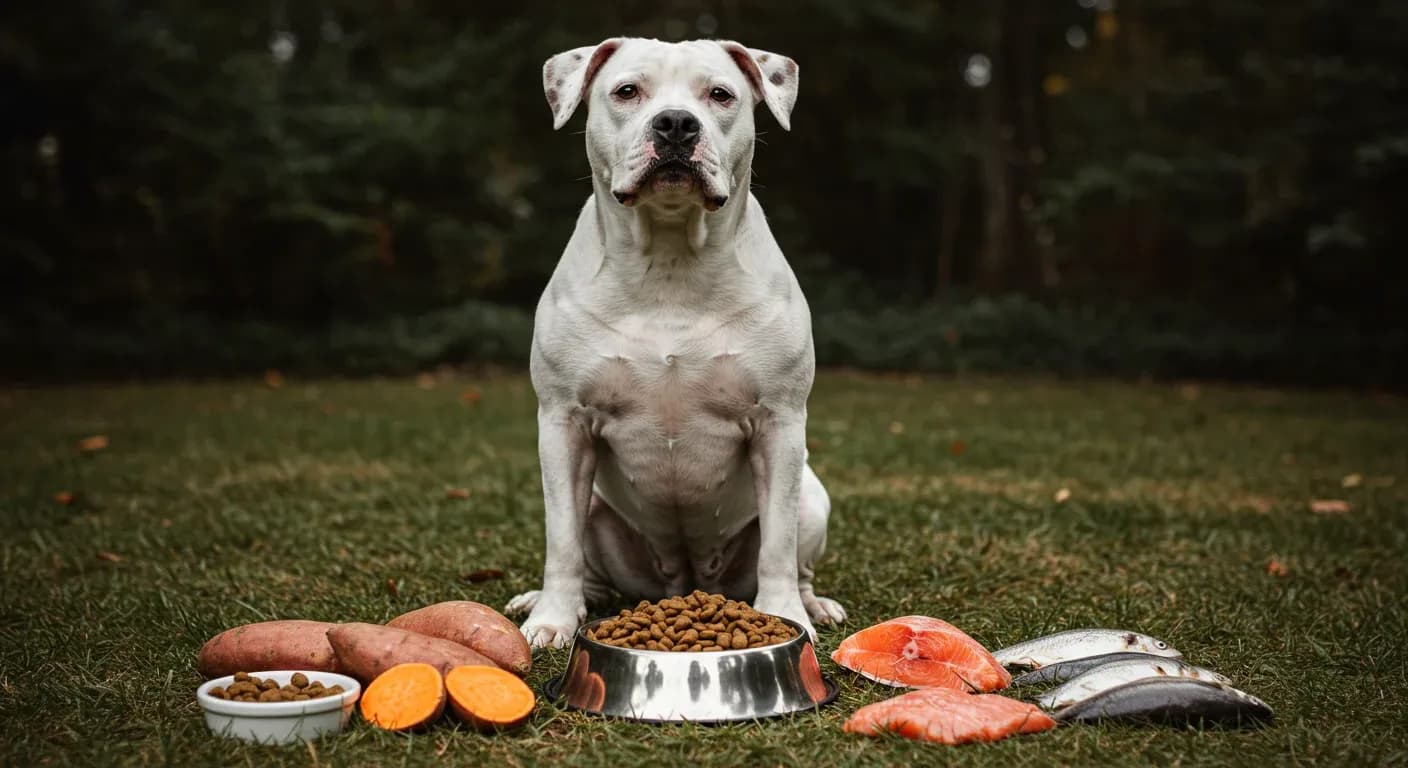 American Bulldog sitting centered with nutritious dog food and ingredients around it, illustrating proper nutrition choices for the breed
