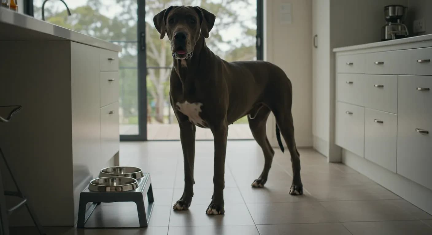 A Great Dane standing next to an elevated feeding bowl in a modern kitchen, demonstrating the breed's impressive size and proper feeding setup