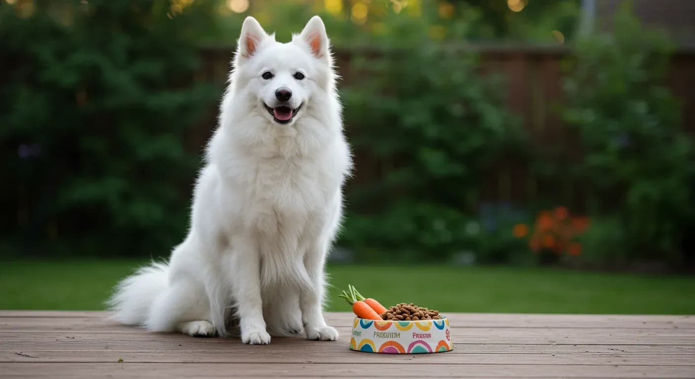 White American Eskimo dog sitting centered next to a bowl of dog food, showcasing the breed's fluffy coat and alert expression in relation to proper nutrition