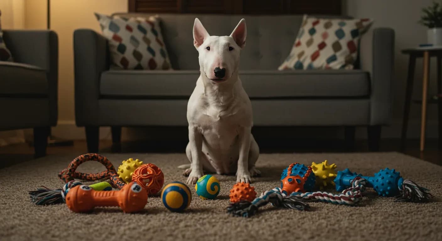 White Bull Terrier sitting among various durable dog toys in a home setting, illustrating the importance of choosing appropriate toys for this powerful breed