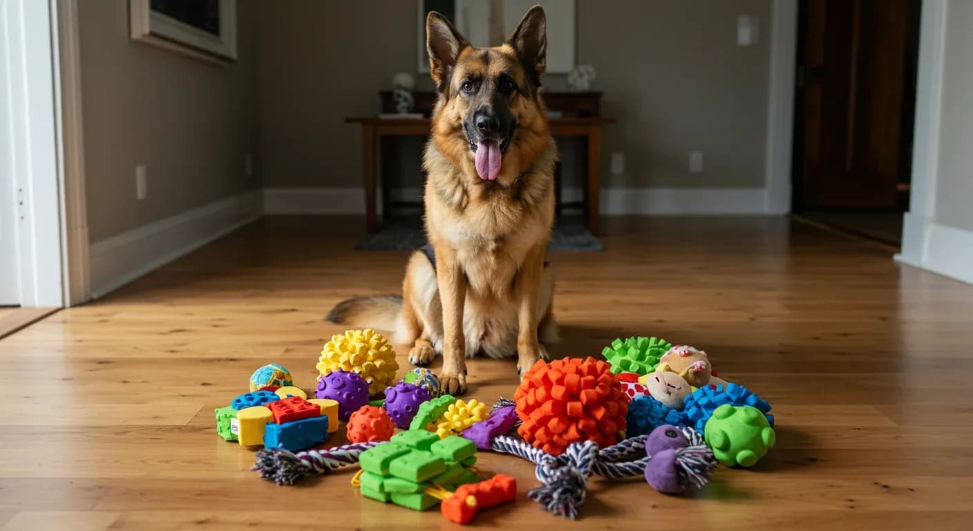 German Shepherd sitting surrounded by various puzzle toys and interactive dog toys, demonstrating the mental stimulation tools discussed in the article