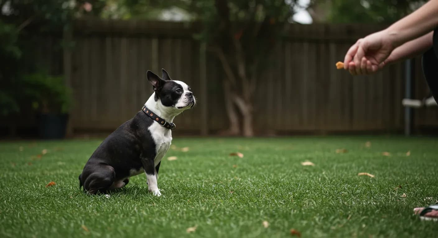 Boston Terrier sitting attentively during training session with owner in backyard, demonstrating the positive training approach discussed in the article