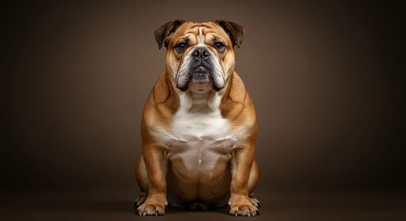 Professional portrait of a healthy English Bulldog sitting centered in frame, showing the breed's distinctive flat face and wrinkled features that are central to their common health concerns