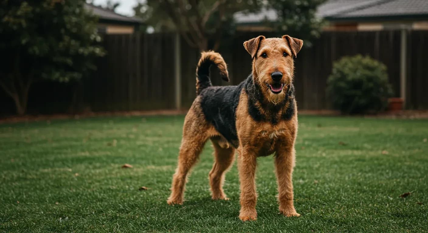 Healthy Airedale Terrier standing alert in centered composition on grass, representing the breed's natural vitality and the article's focus on maintaining their health through awareness of common conditions