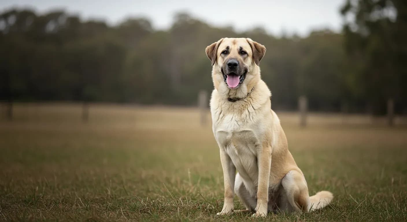 A healthy Anatolian Shepherd dog sitting alertly in an Australian rural setting, representing the breed's natural strength and the importance of maintaining their health through proper care