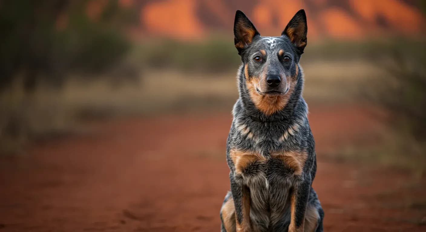 A healthy Blue Heeler dog sitting alert and centered in the frame, displaying the breed's characteristic blue-speckled coat and intelligent expression, representing the focus on Blue Heeler health and wellness