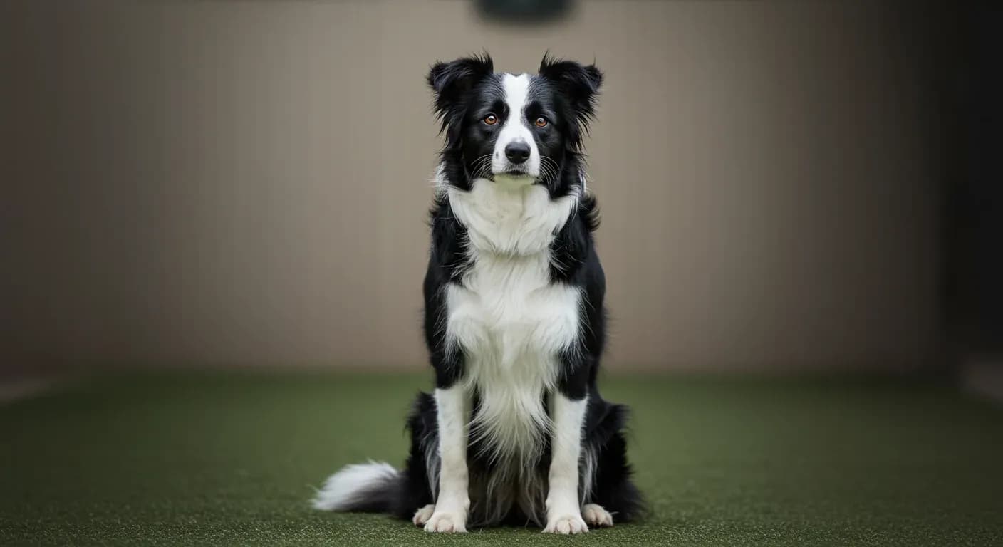 A healthy Border Collie with black and white markings sitting alertly in a veterinary clinic setting, representing the article's focus on Border Collie health issues and veterinary care