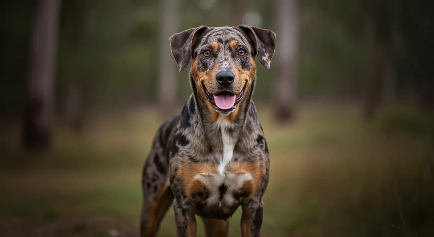 Portrait of a Catahoula Leopard Dog with merle coat and different colored eyes representing the breed discussed in the health guide