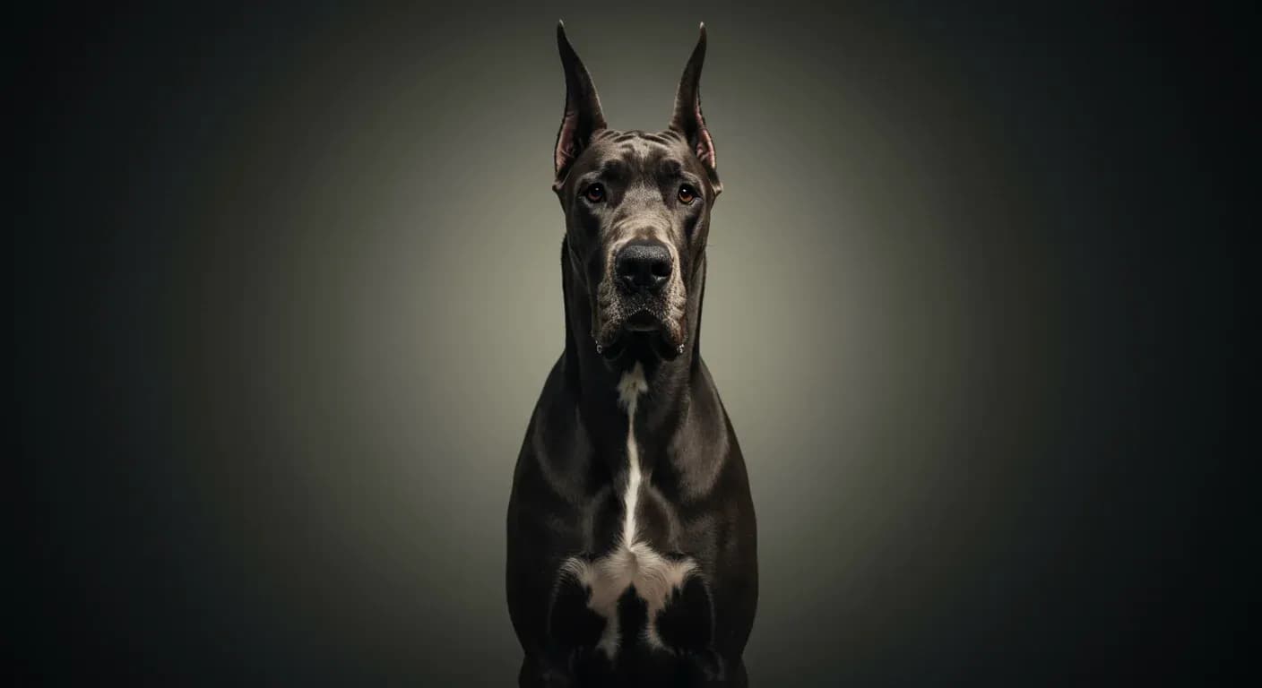 A beautiful Great Dane standing prominently in the center of the frame at a veterinary clinic, representing the breed's majestic appearance while highlighting the importance of health monitoring for these gentle giants