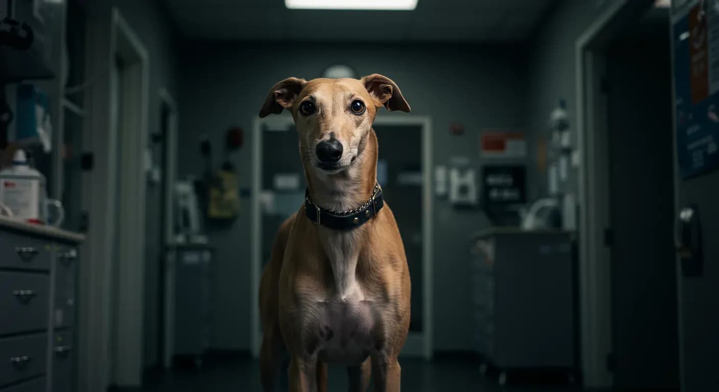 A healthy Greyhound standing in a veterinary clinic, demonstrating the breed's characteristic lean build and elegant stature that relates to their specific health considerations discussed in the article
