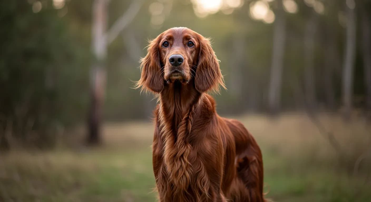 A beautiful Irish Setter with flowing red coat standing alert in an Australian natural setting, representing the breed's health and vitality discussed in the article about common health issues and prevention