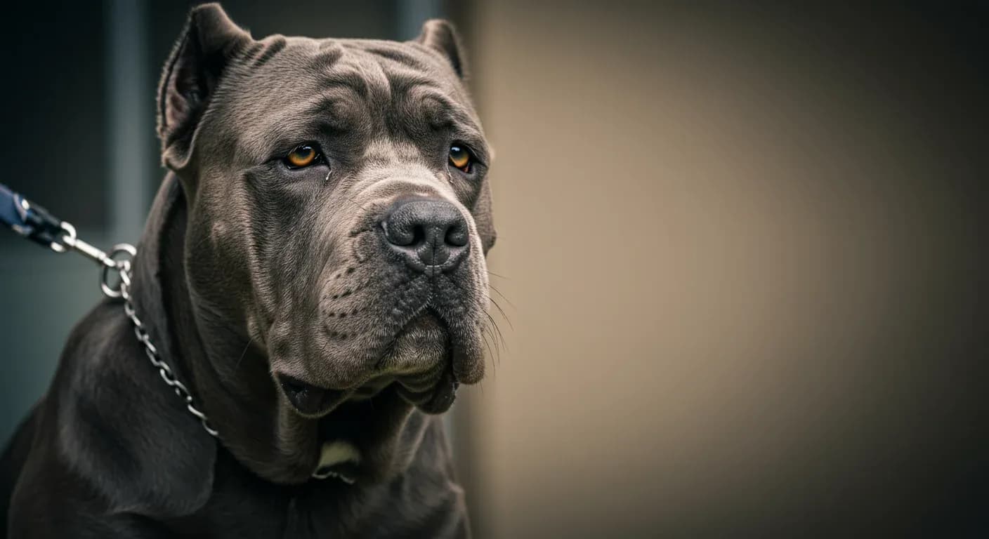 Close-up portrait of a Neapolitan Mastiff showing the breed's characteristic wrinkled face and gentle eyes, representing the focus on health care for this gentle giant breed