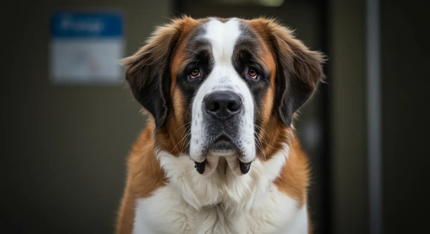 Close-up portrait of a Saint Bernard dog with distinctive white and brown markings, positioned centrally with a soft-focus veterinary clinic background, representing the article's focus on Saint Bernard health issues and preventive care